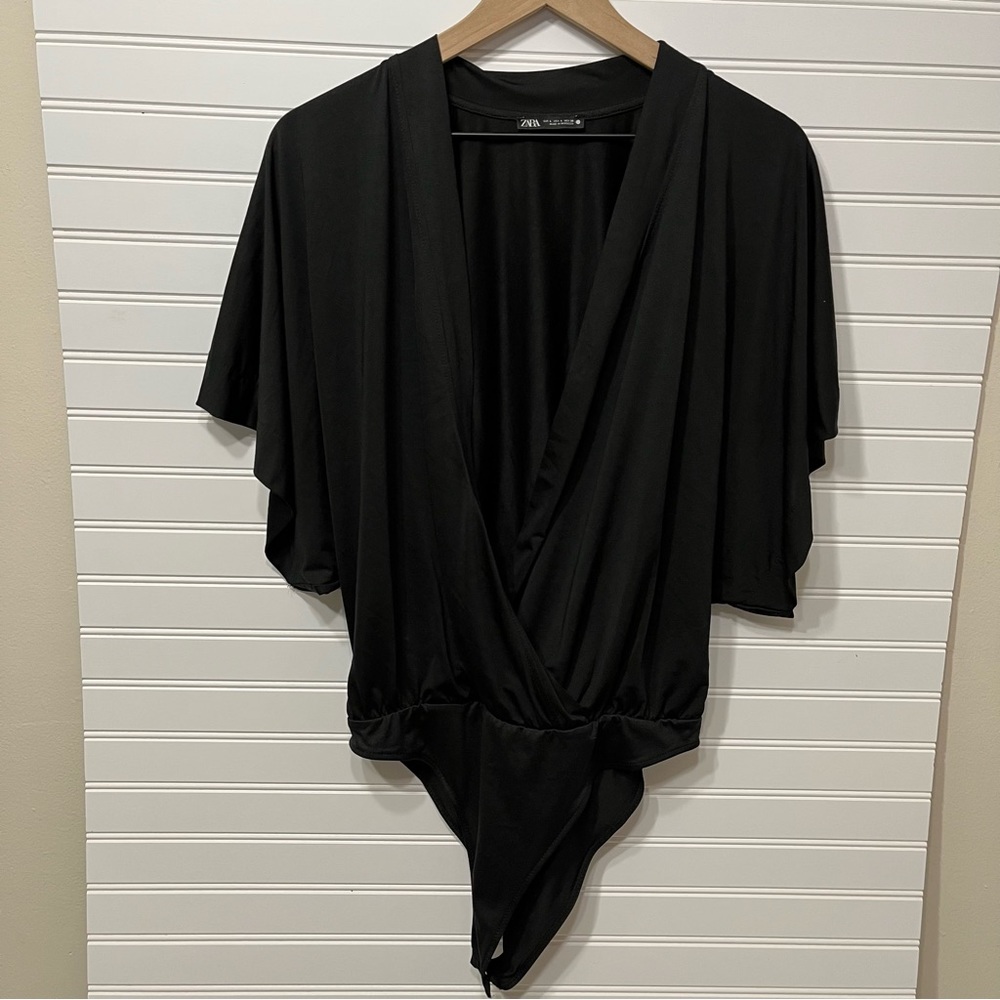 Zara Black Shot Sleeve Crossover Bodysuit Size L